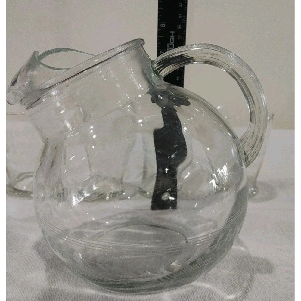 Vintage Tilted Clear Water Pitcher Etched Leaves Ring & Ice Lip & 4 Glasses